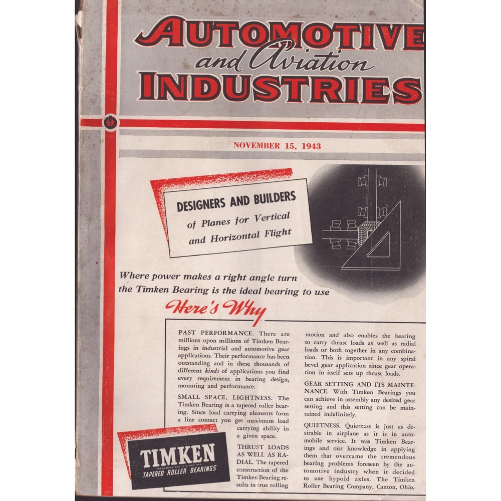 Automotive and Aviation Industries Magazine Nov 15 1943 WWII Timken Ad